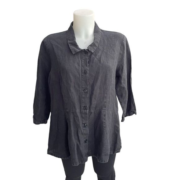 FLAX BLACK BUTTON FRONT COLLARED 100% LINEN BLOUSE, Oversized‎ 3/4 sleeve SMALL - Picture 1 of 9